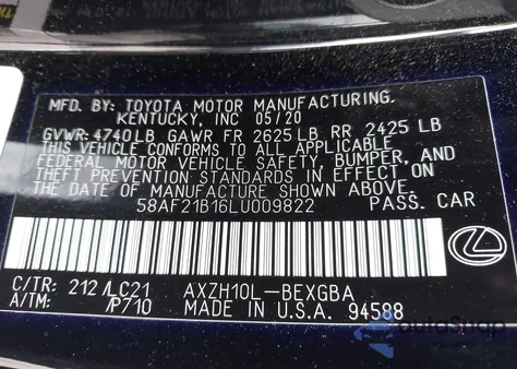 2020 Lexus Es 300H Ultra Luxury из США, поврежденный, VIN 58AF21B16LU009822